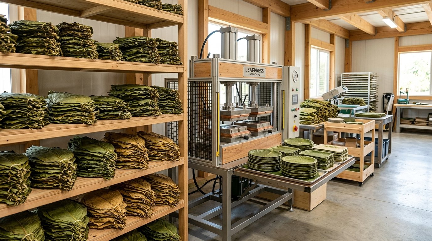 Natural leaf plate thermal pressing machinery and raw material facility