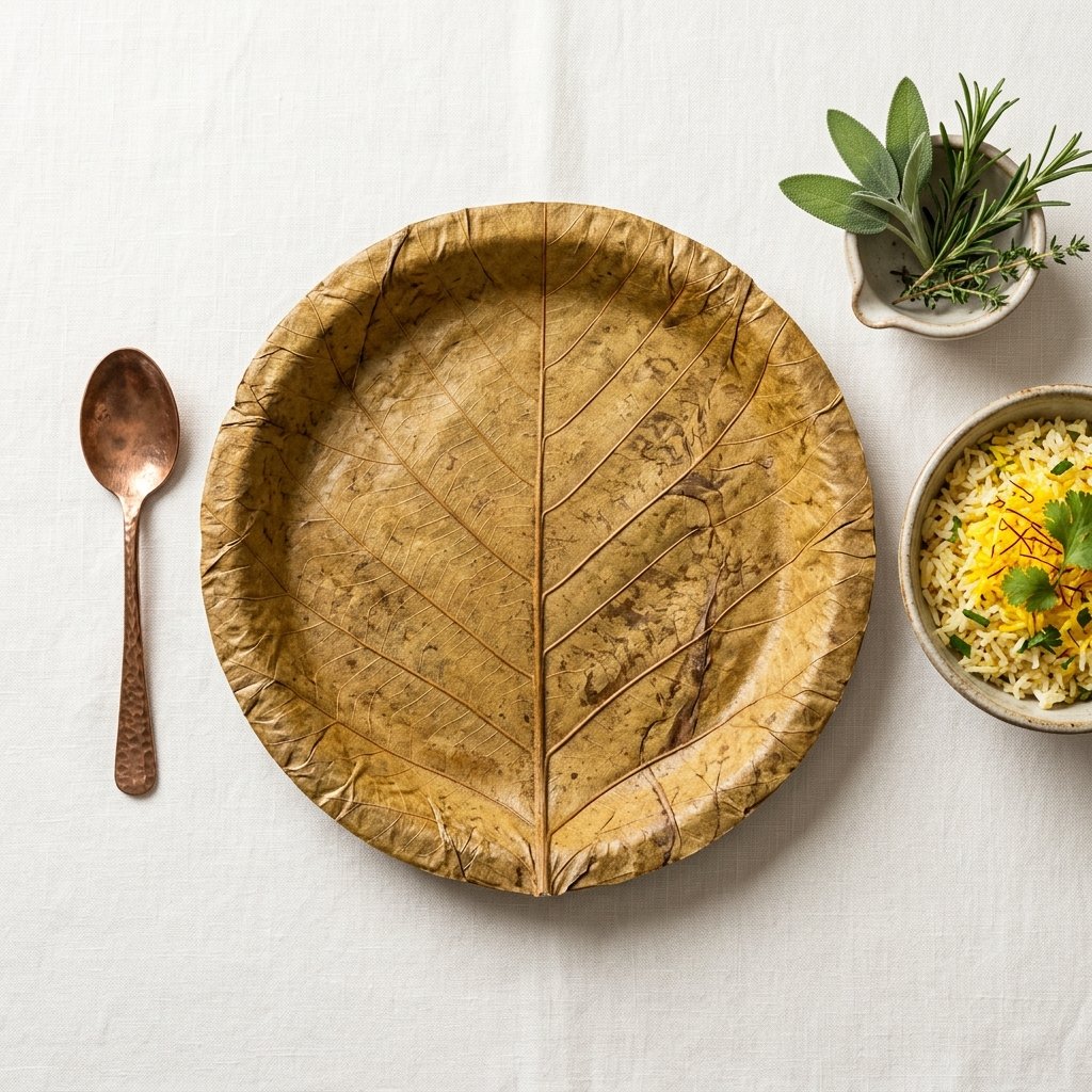 Premium natural leaf plate on white linen with food styling