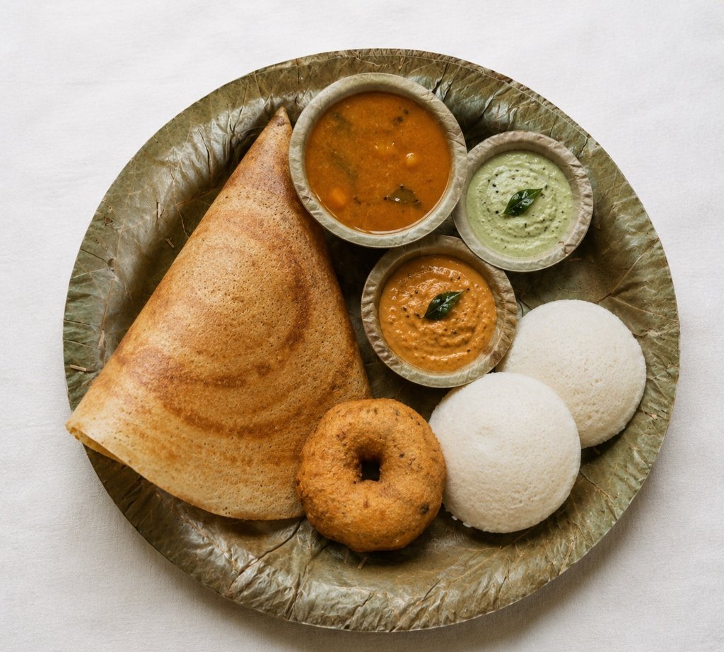 Traditional South Indian feast served on natural leaf plate and bowls