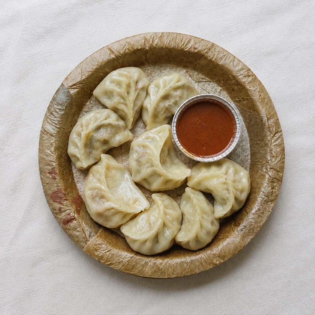 Steamed momos served on natural leaf plate